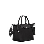 Lieblingstasche Le Pliage Energy small black handbag in recycled ECONYL nylon with a black and white rope detail.