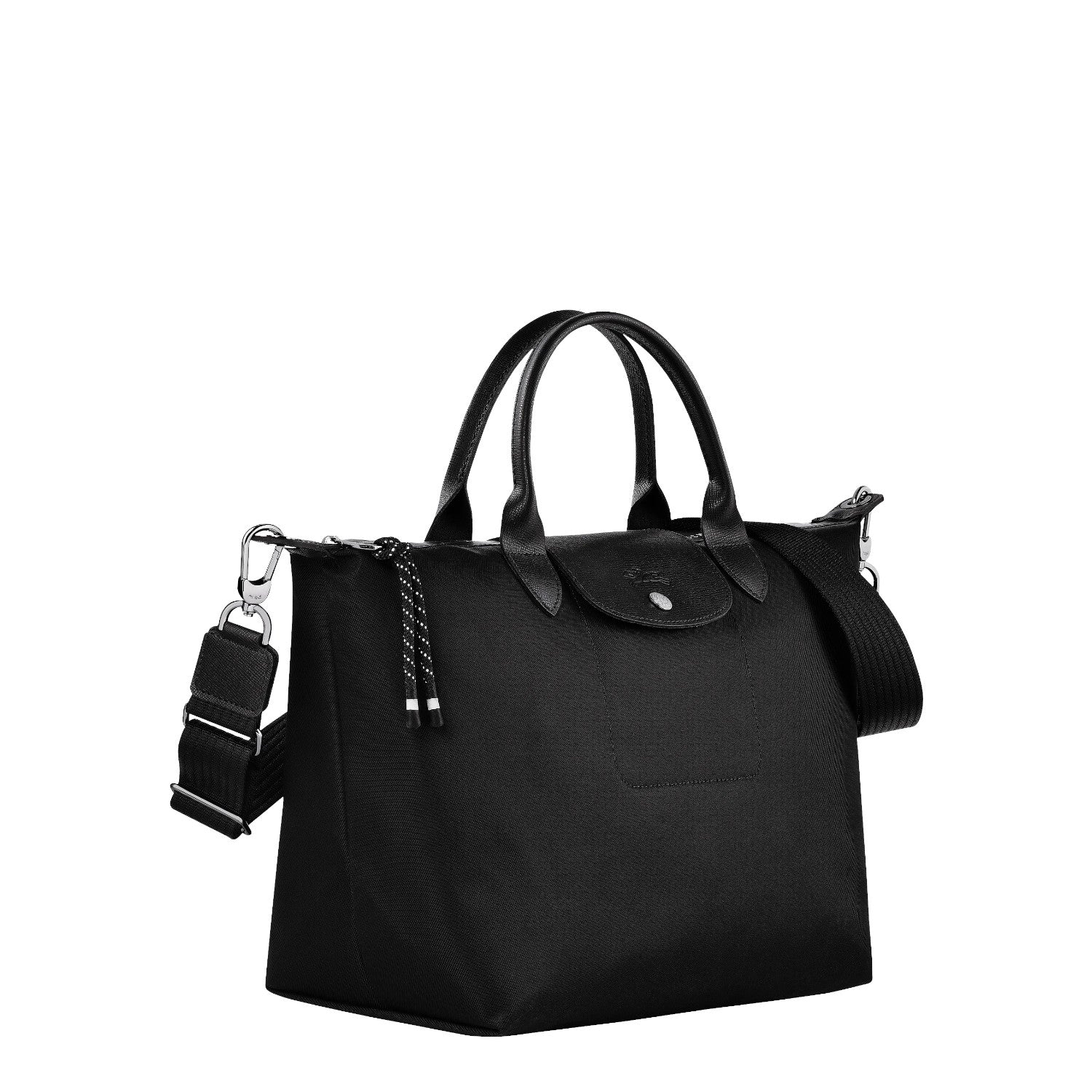 Lieblingstasche Le Pliage Energy M black recycled nylon handbag with shoulder strap and black-white rope details