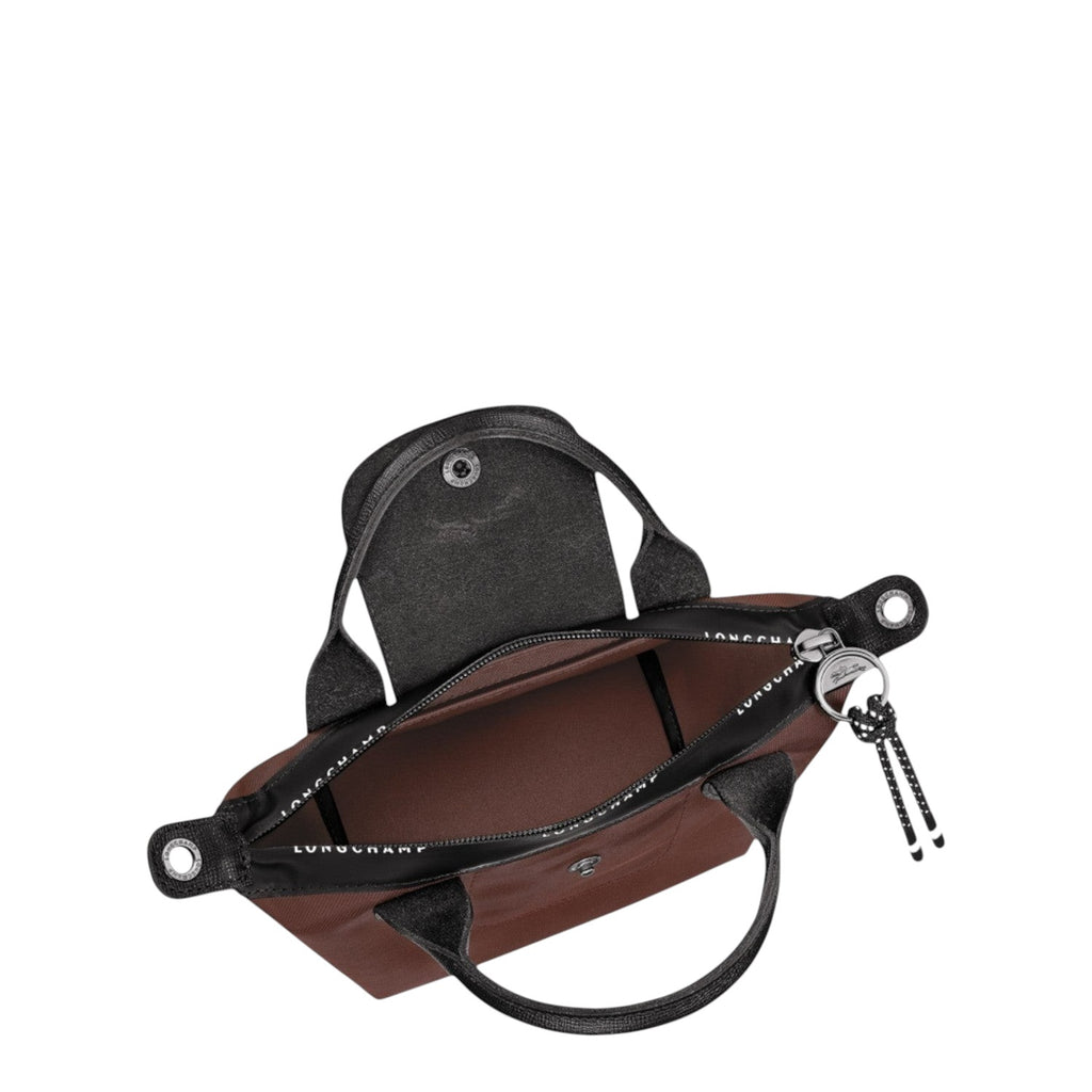 Lieblingstasche Le Pliage Energy XS brown recycled nylon handbag with black leather trim and rope zipper pull