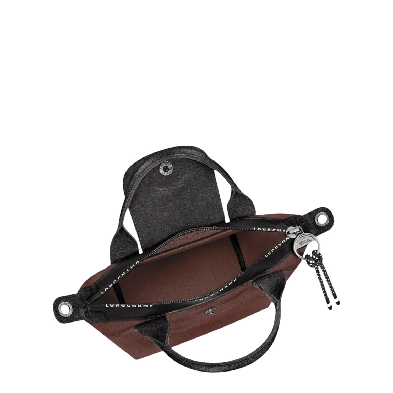 Lieblingstasche Le Pliage Energy XS brown recycled nylon handbag with black leather trim and rope zipper pull