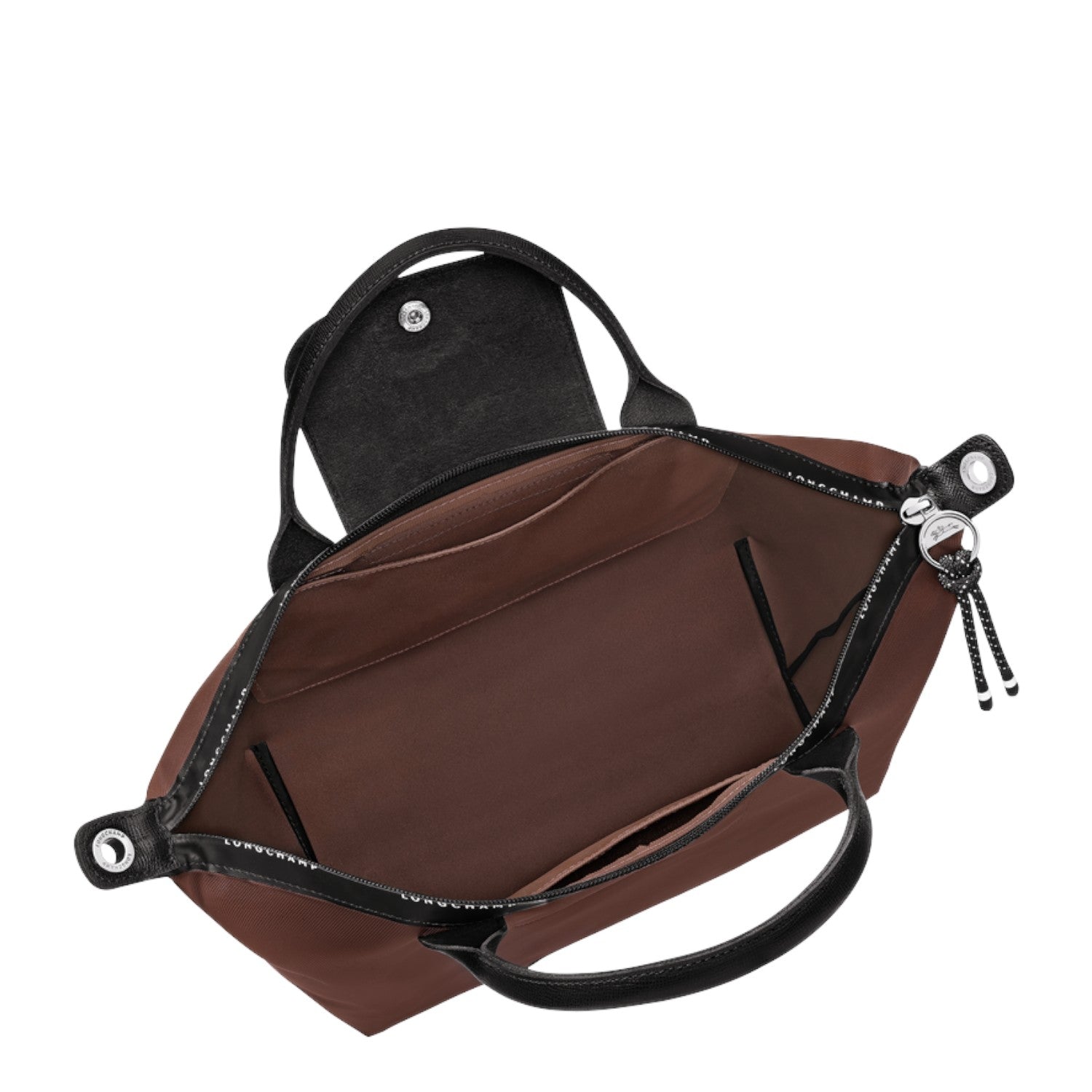 Lieblingstasche Le Pliage Energy M brown recycled nylon handbag with black leather trim and rope zipper pull