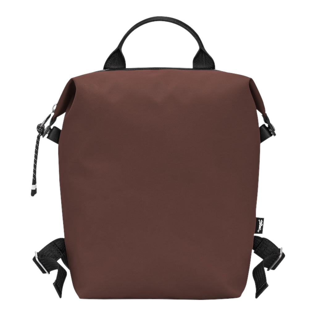 Lieblingstasche Le Pliage Energy Rucksack in brown nylon with black leather handles and straps.