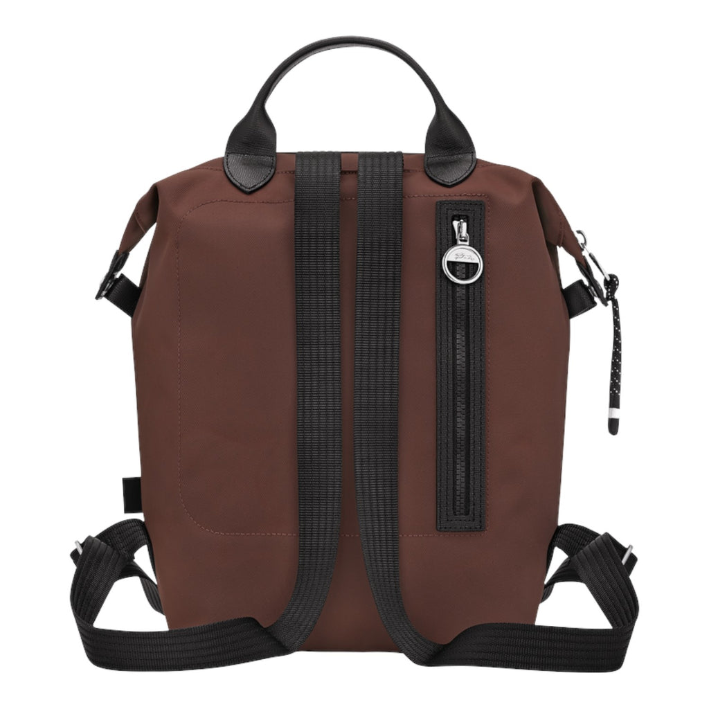 Lieblingstasche Le Pliage Energy Rucksack in brown nylon with black straps and silver zipper detail.