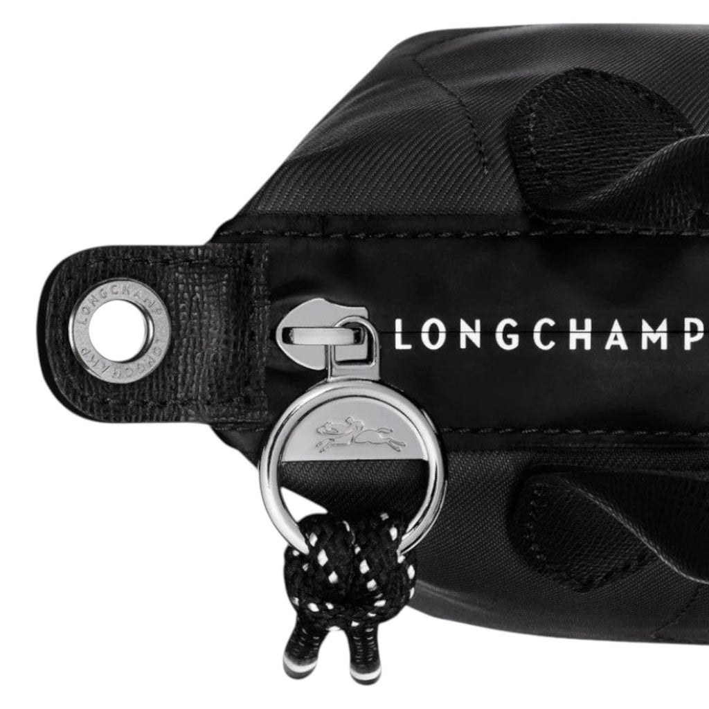Lieblingstasche Le Pliage Energy XS black recycled nylon handbag with rope detail and silver horse logo zipper pull.