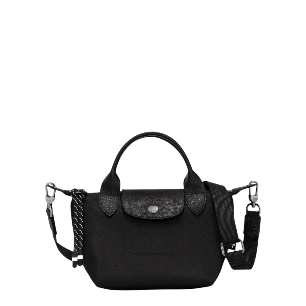 Lieblingstasche Le Pliage Energy XS black recycled nylon handbag with rope detail and silver snap closure.
