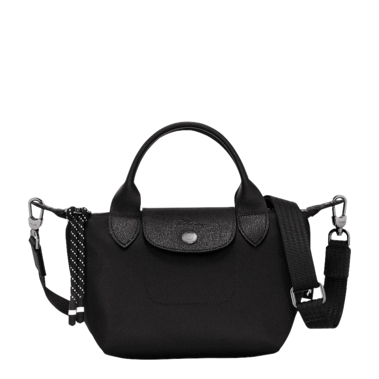 Lieblingstasche Le Pliage Energy XS black recycled nylon handbag with rope detail and silver snap closure.