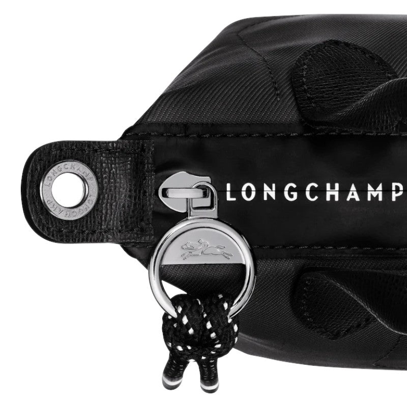 Lieblingstasche Le Pliage Energy XS black recycled nylon handbag with rope detail and silver horse logo zipper pull.
