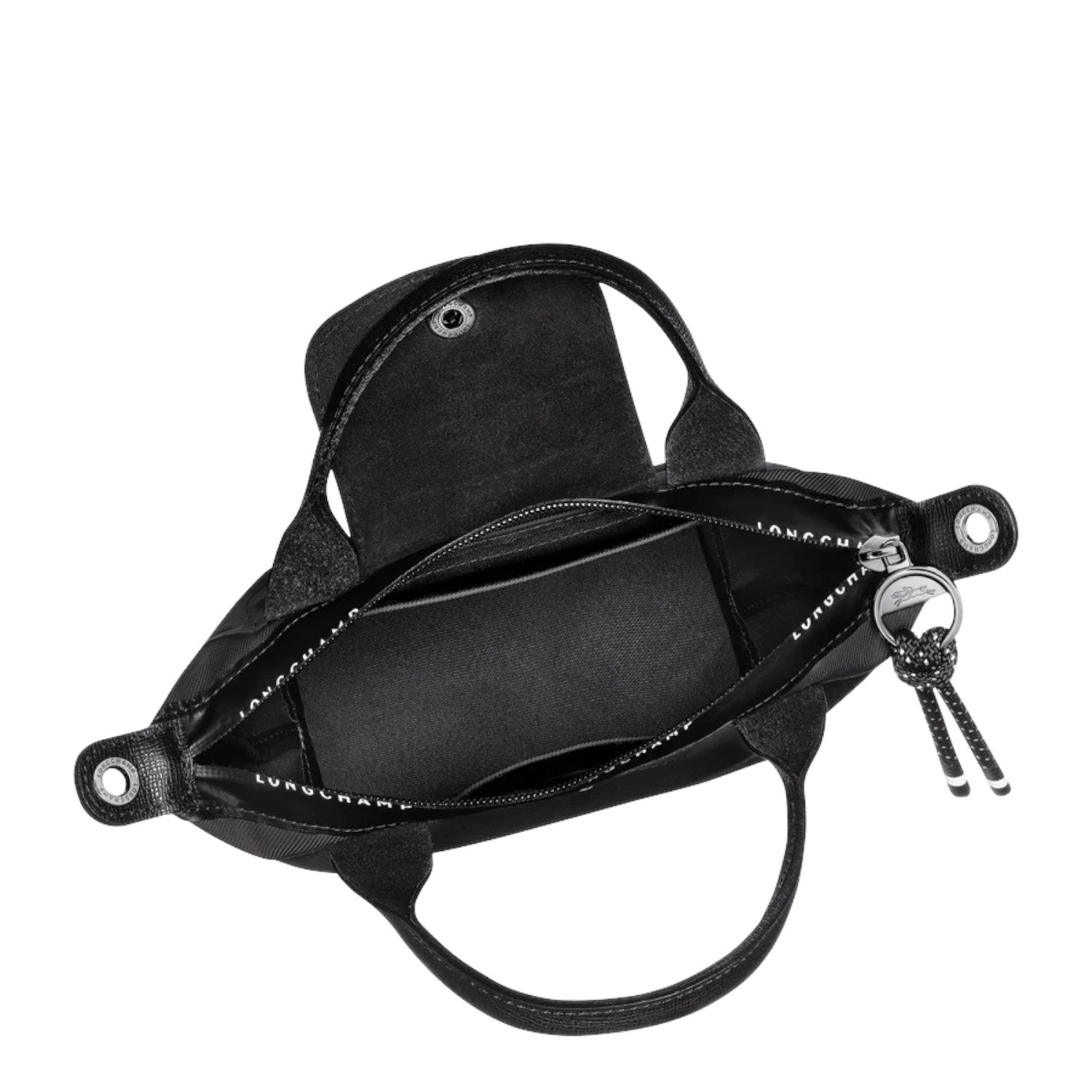 Lieblingstasche Le Pliage Energy XS handbag in black recycled nylon with rope detail and silver hardware.