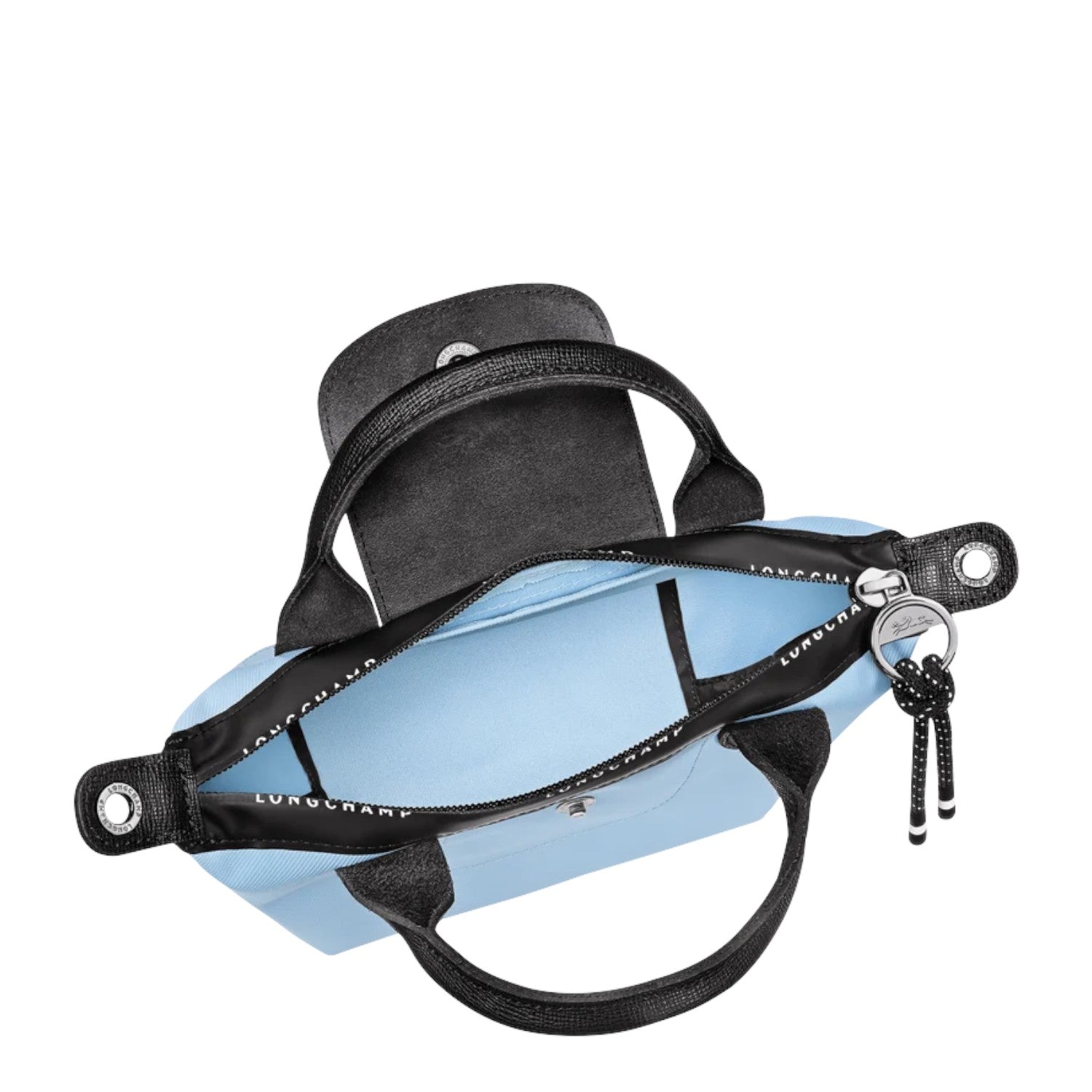 Lieblingstasche Le Pliage Energy XS handbag in light blue with black trim and handles, featuring a zip closure and a decorative rope charm.