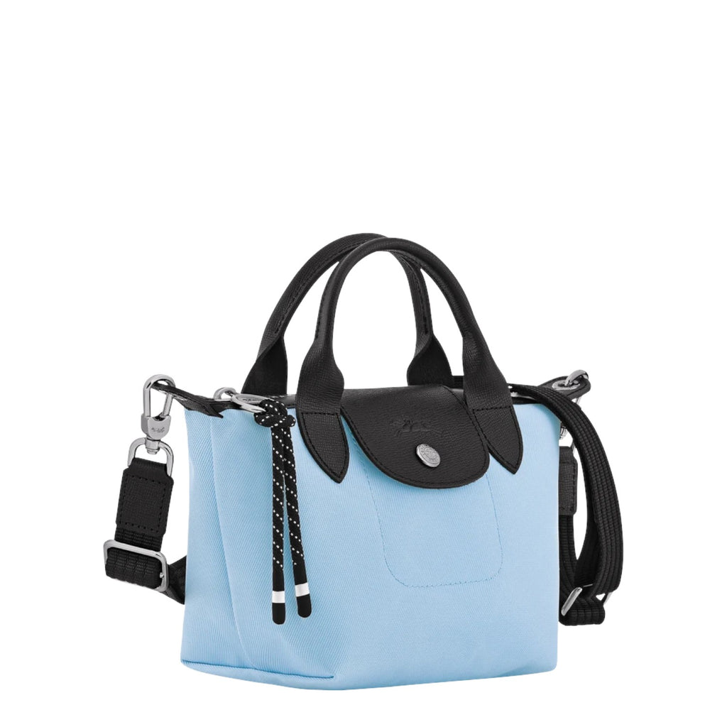 Lieblingstasche Le Pliage Energy XS handbag in light blue nylon with black leather trim and handles, featuring a decorative rope detail.
