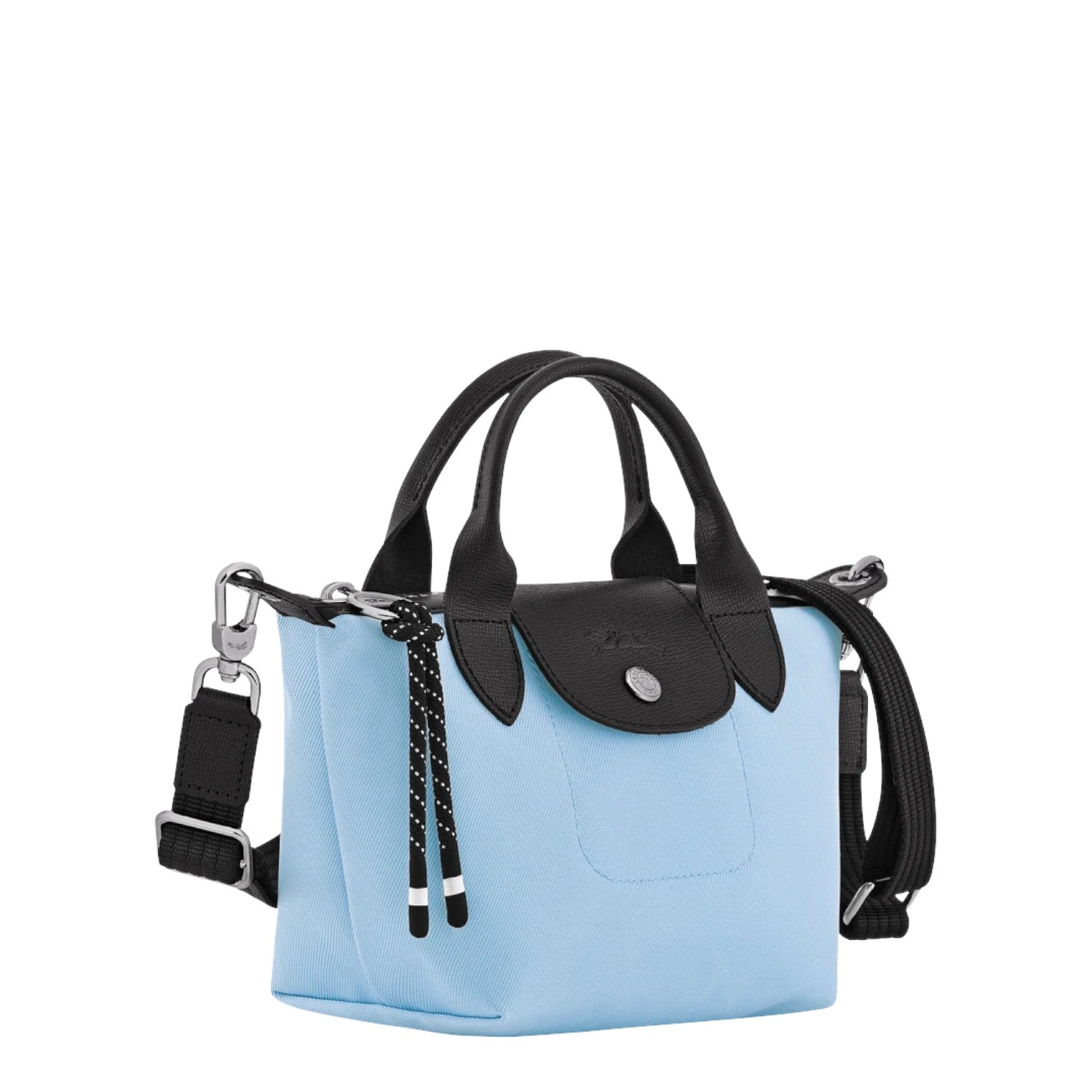 Lieblingstasche Le Pliage Energy XS handbag in light blue nylon with black leather trim and handles, featuring a decorative rope detail.