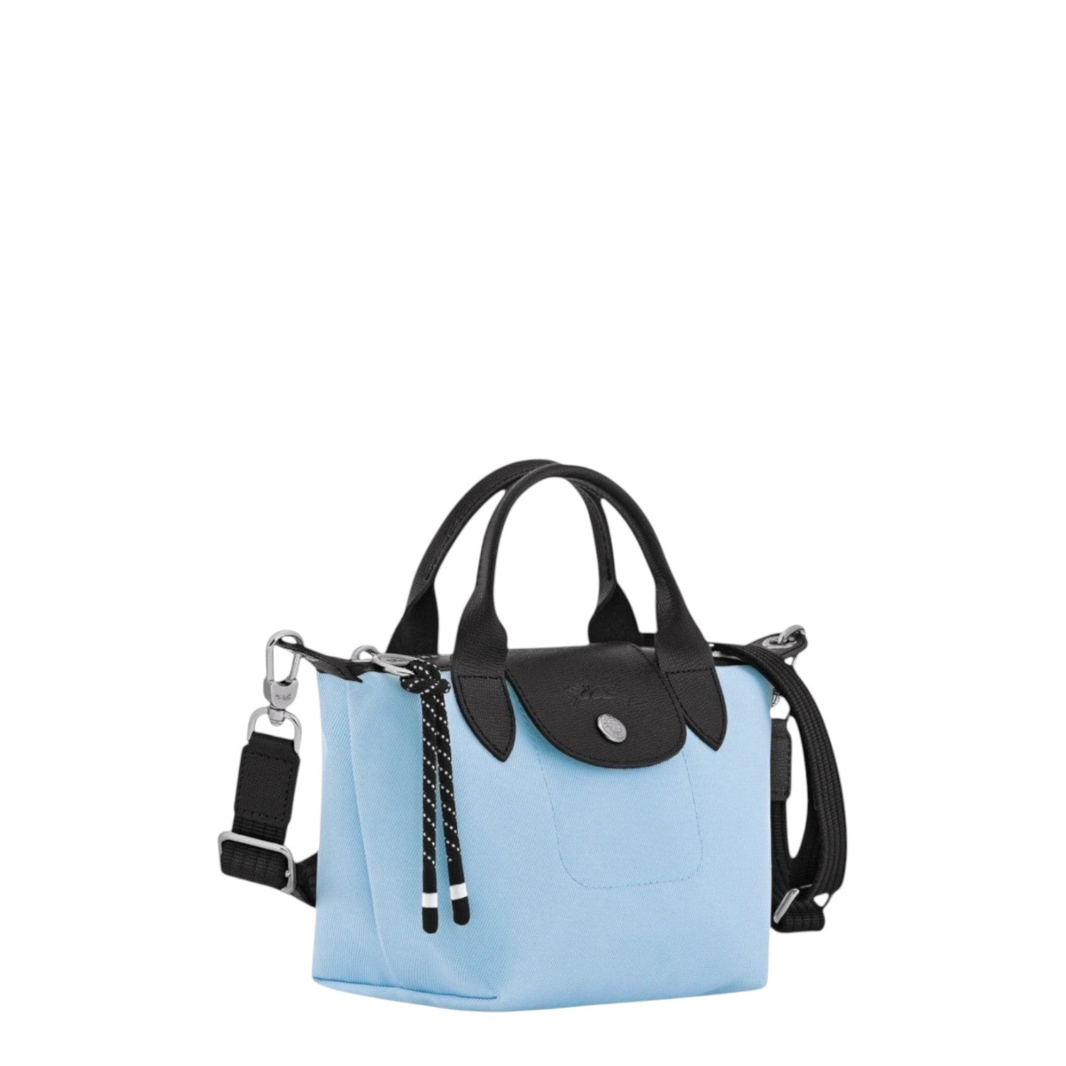 Lieblingstasche Le Pliage Energy XS handbag in light blue nylon with black leather trim and handles, featuring a decorative rope detail.