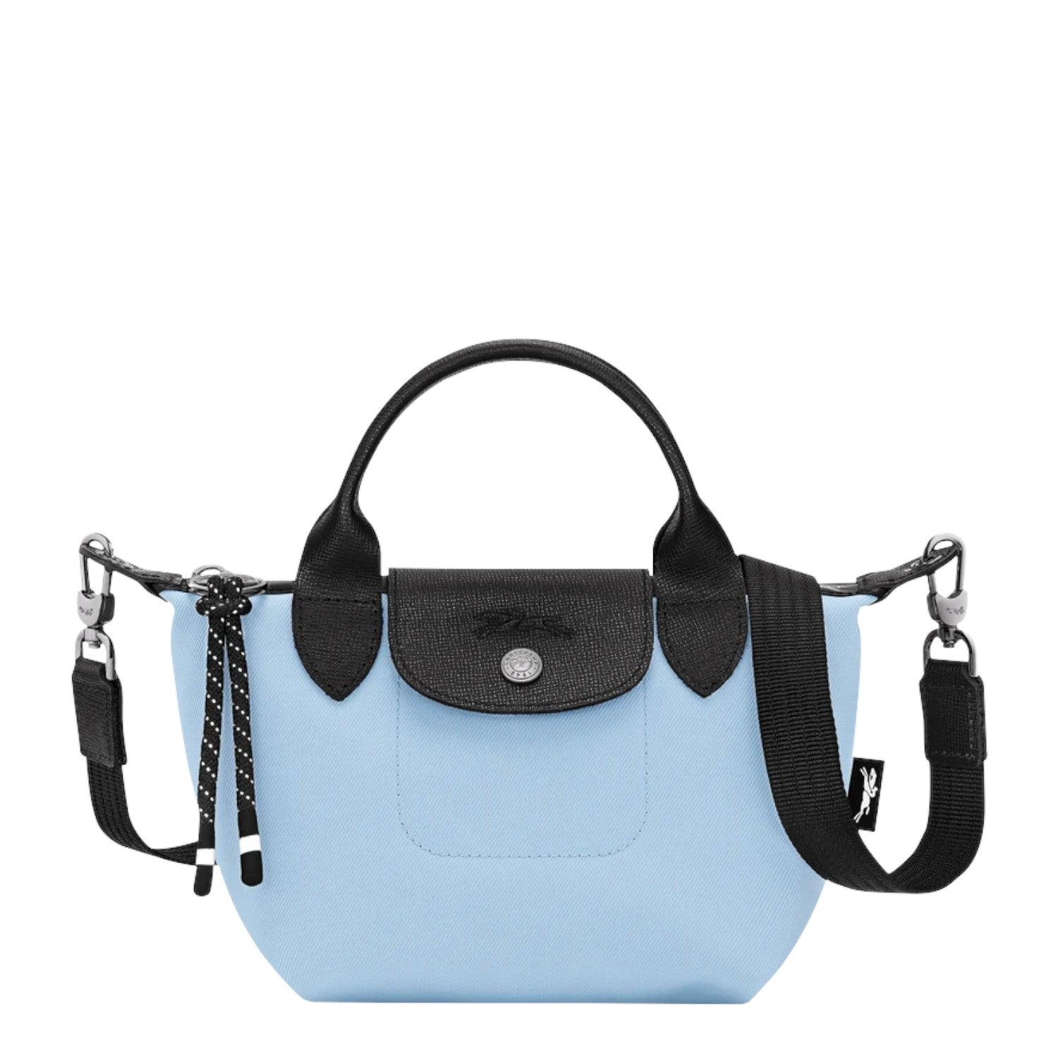 Lieblingstasche Le Pliage Energy XS handbag in light blue canvas with black leather trim and strap, featuring a top handle and snap closure.