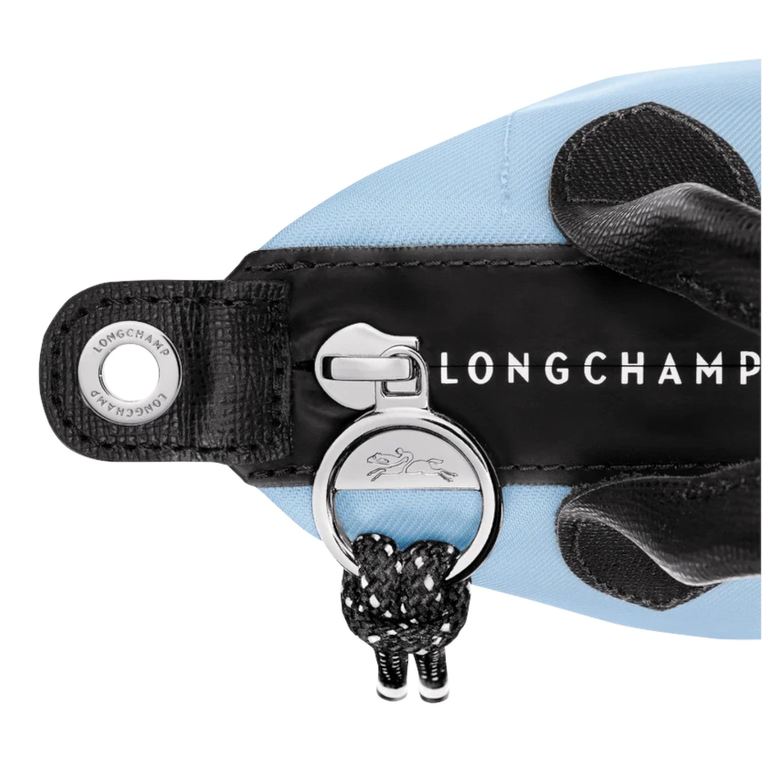 Lieblingstasche Le Pliage Energy XS handbag in light blue nylon with black leather trim and silver hardware.