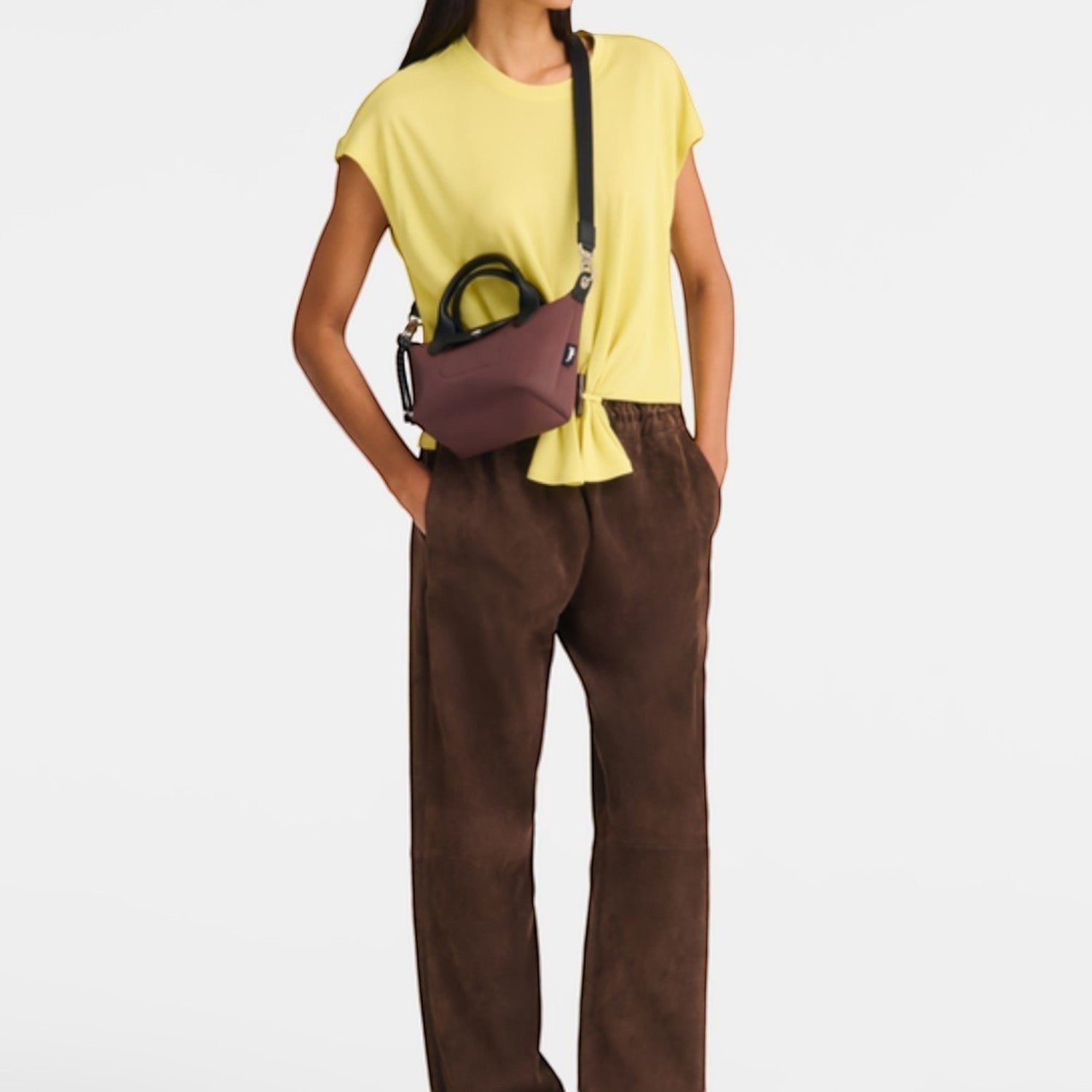 Lieblingstasche Le Pliage Energy XS handbag in dark brown recycled nylon with a black and white rope strap