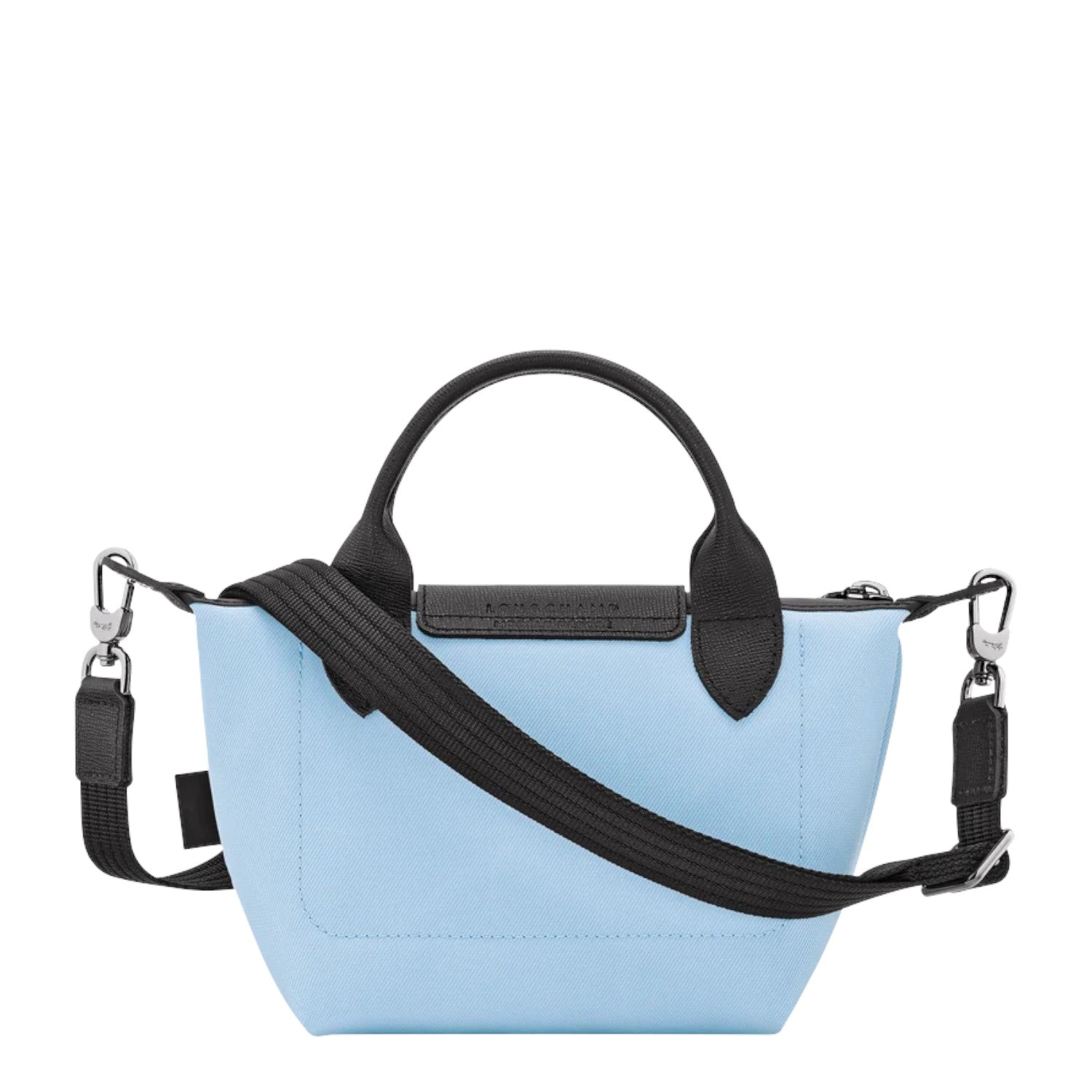 Lieblingstasche Le Pliage Energy XS light blue canvas handbag with black leather trim and strap.