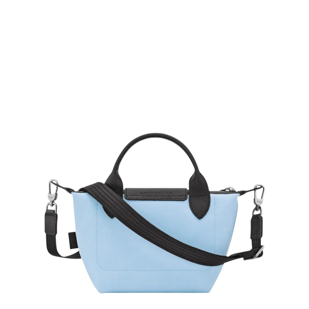 Lieblingstasche Le Pliage Energy XS light blue canvas handbag with black leather trim and strap.