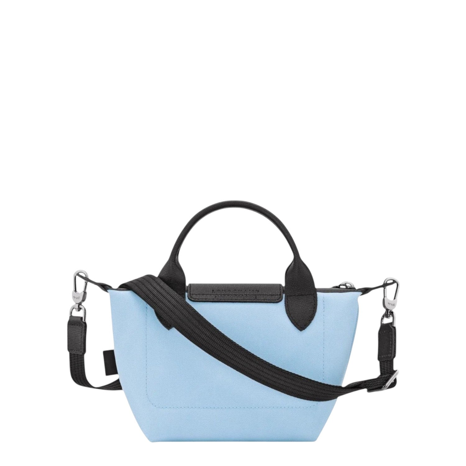 Lieblingstasche Le Pliage Energy XS light blue canvas handbag with black leather trim and strap.
