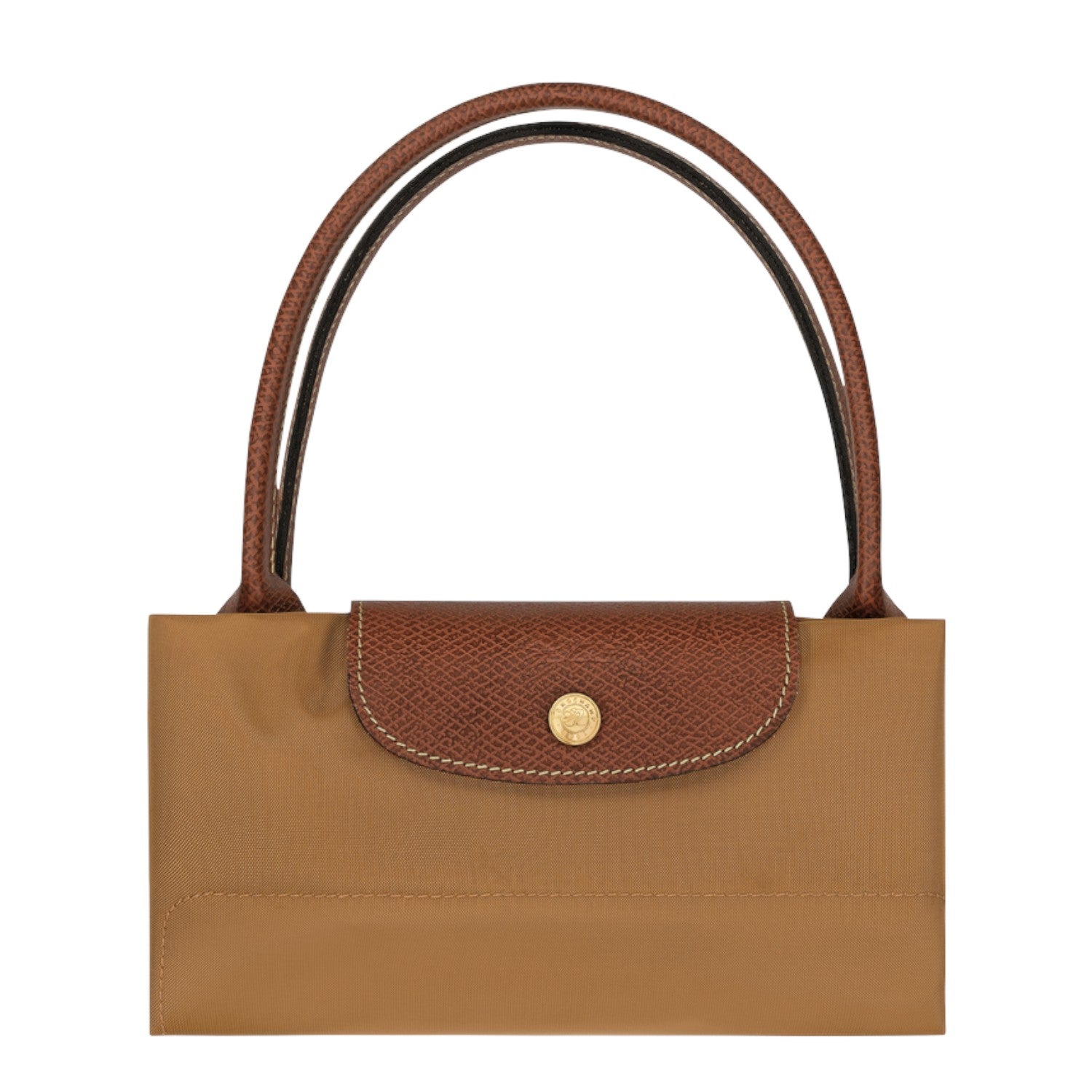 Lieblingstasche Le Pliage L handbag in tan nylon with brown leather trim and handles. Features a snap closure.
