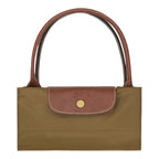Lieblingstasche Le Pliage large foldable handbag in khaki nylon with brown leather trim and gold snap button
