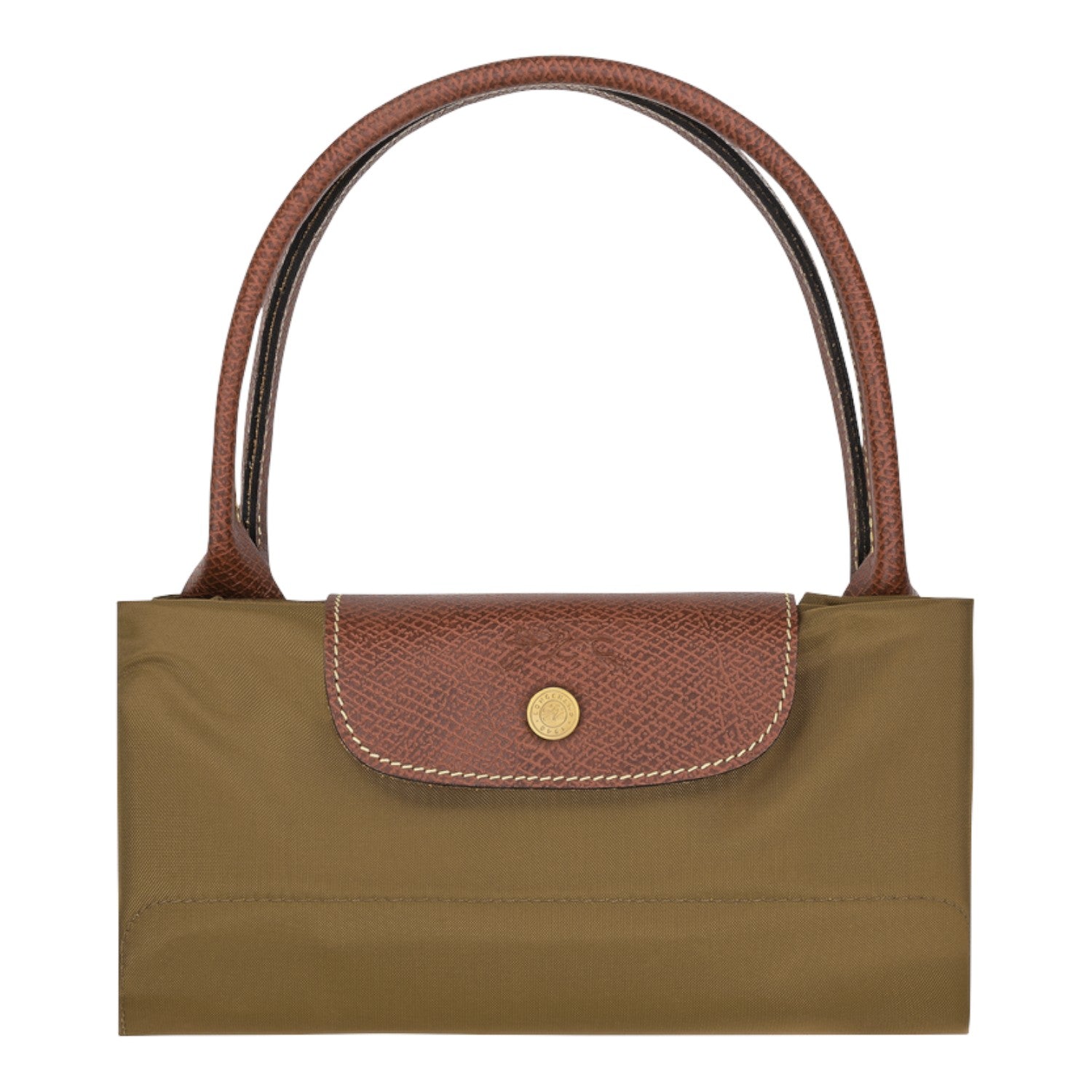 Lieblingstasche Le Pliage large foldable handbag in khaki nylon with brown leather trim and gold snap button