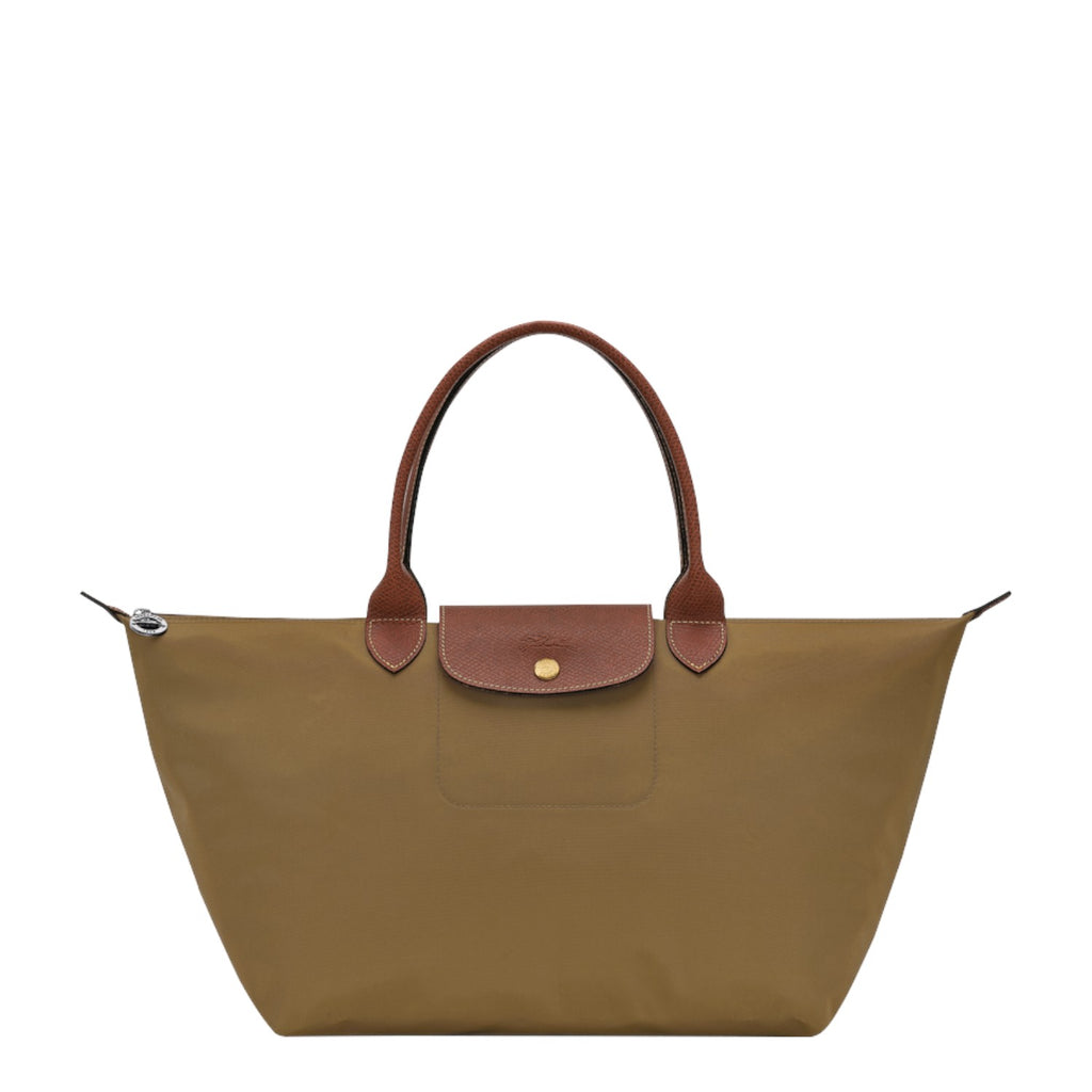 Lieblingstasche Le Pliage large handbag in khaki nylon with brown leather handles and flap closure