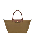 Lieblingstasche Le Pliage large handbag in khaki nylon with brown leather handles and flap closure
