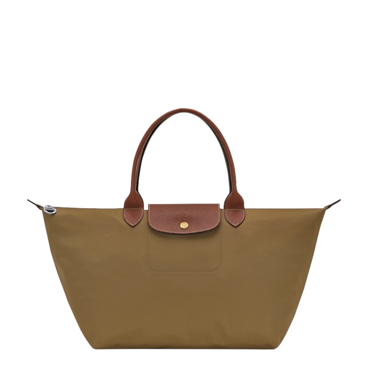 Lieblingstasche Le Pliage large handbag in khaki nylon with brown leather handles and flap closure