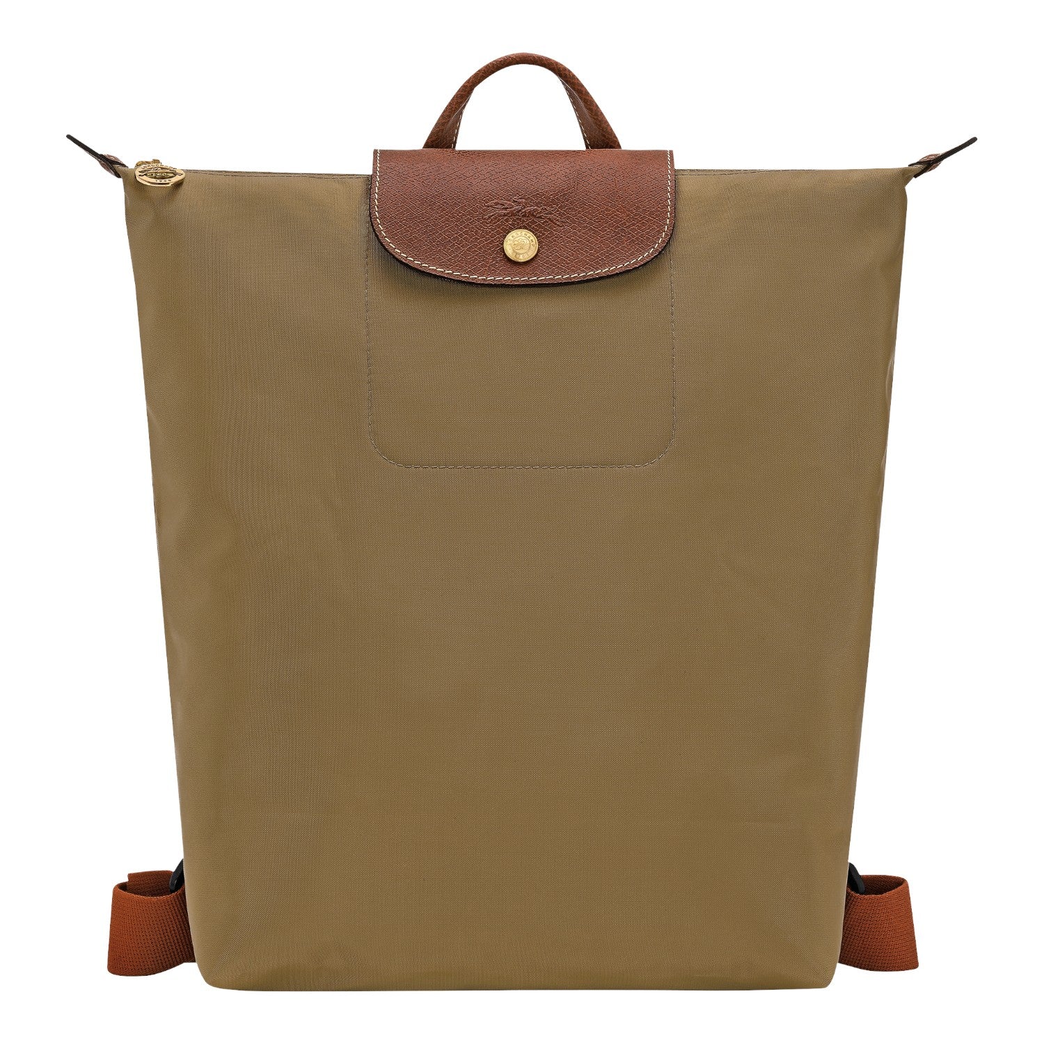 Lieblingstasche Le Pliage rucksack in khaki nylon with brown leather flap, gold snap button, and adjustable straps.