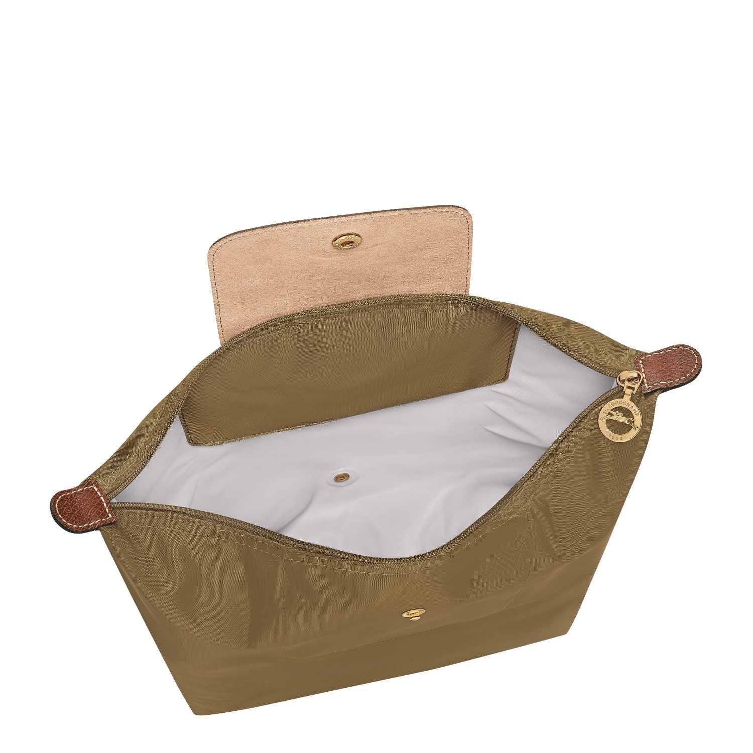 Lieblingstasche Le Pliage rucksack in khaki nylon with brown leather flap and gold-tone zipper pull