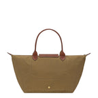 Lieblingstasche Le Pliage large tote bag in khaki nylon with brown leather handles and gold snap button closure