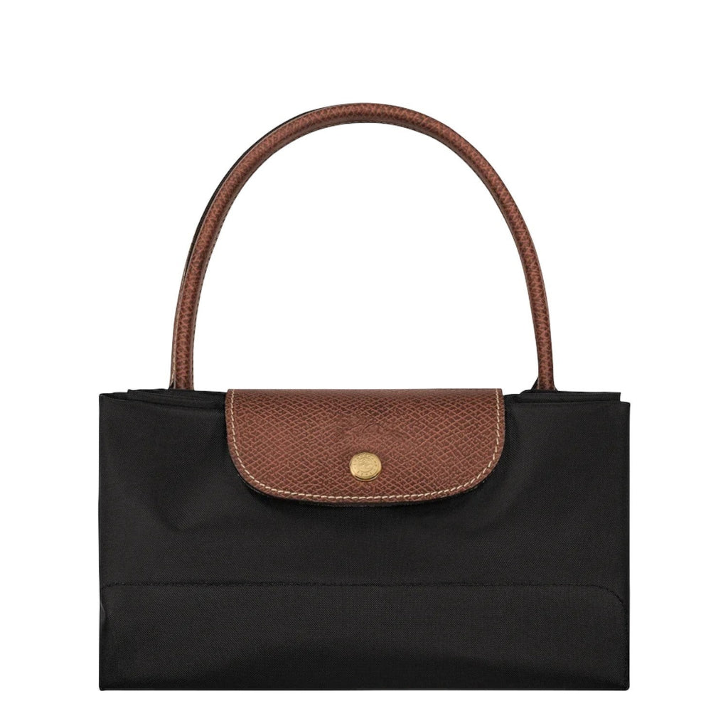 Lieblingstasche Le Pliage L black nylon handbag with brown leather trim and handles.