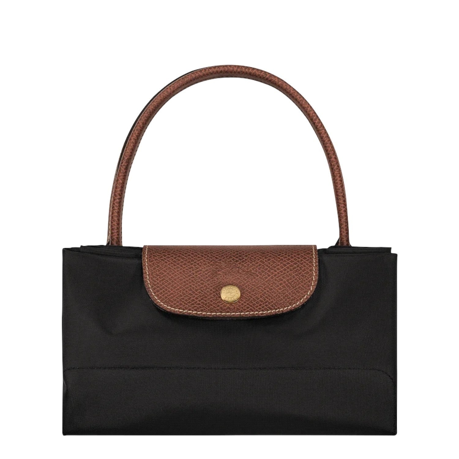 Lieblingstasche Le Pliage L black nylon handbag with brown leather trim and handles.