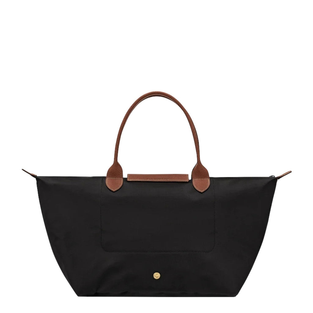 Lieblingstasche Le Pliage L black nylon tote bag with brown leather handles and trim.