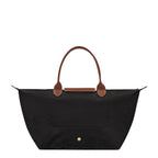 Lieblingstasche Le Pliage L black nylon tote bag with brown leather handles and trim.