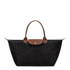 Lieblingstasche Le Pliage L black nylon tote bag with brown leather handles and trim.