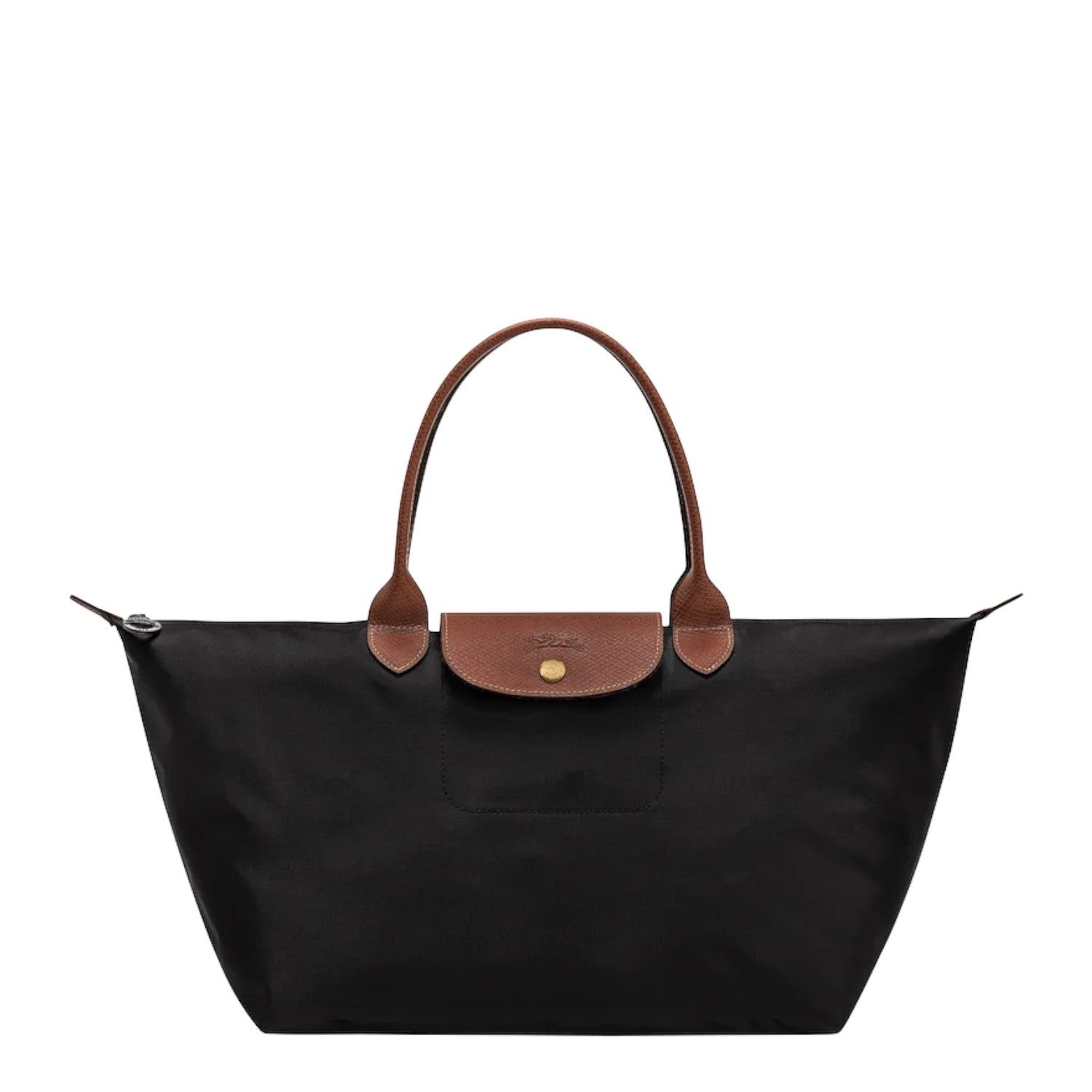 Lieblingstasche Le Pliage L black nylon tote bag with brown leather handles and trim.