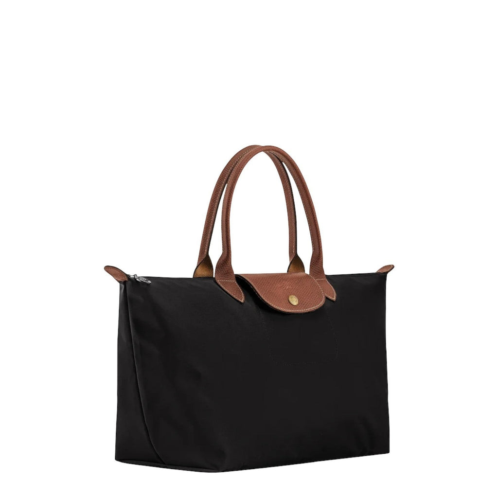 Lieblingstasche Le Pliage L black nylon tote bag with brown leather handles and trim.