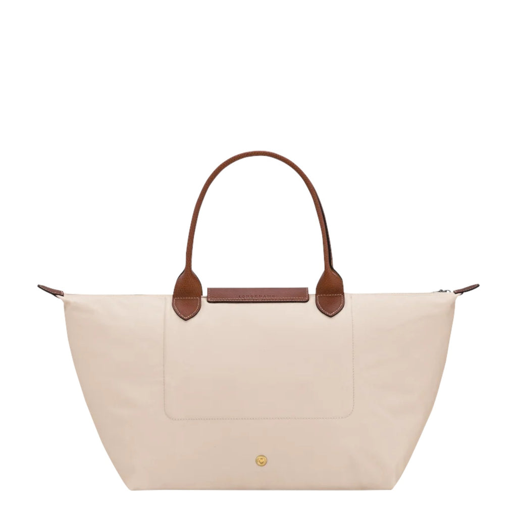 Lieblingstasche Le Pliage L cream nylon handbag with brown leather trim and handles.