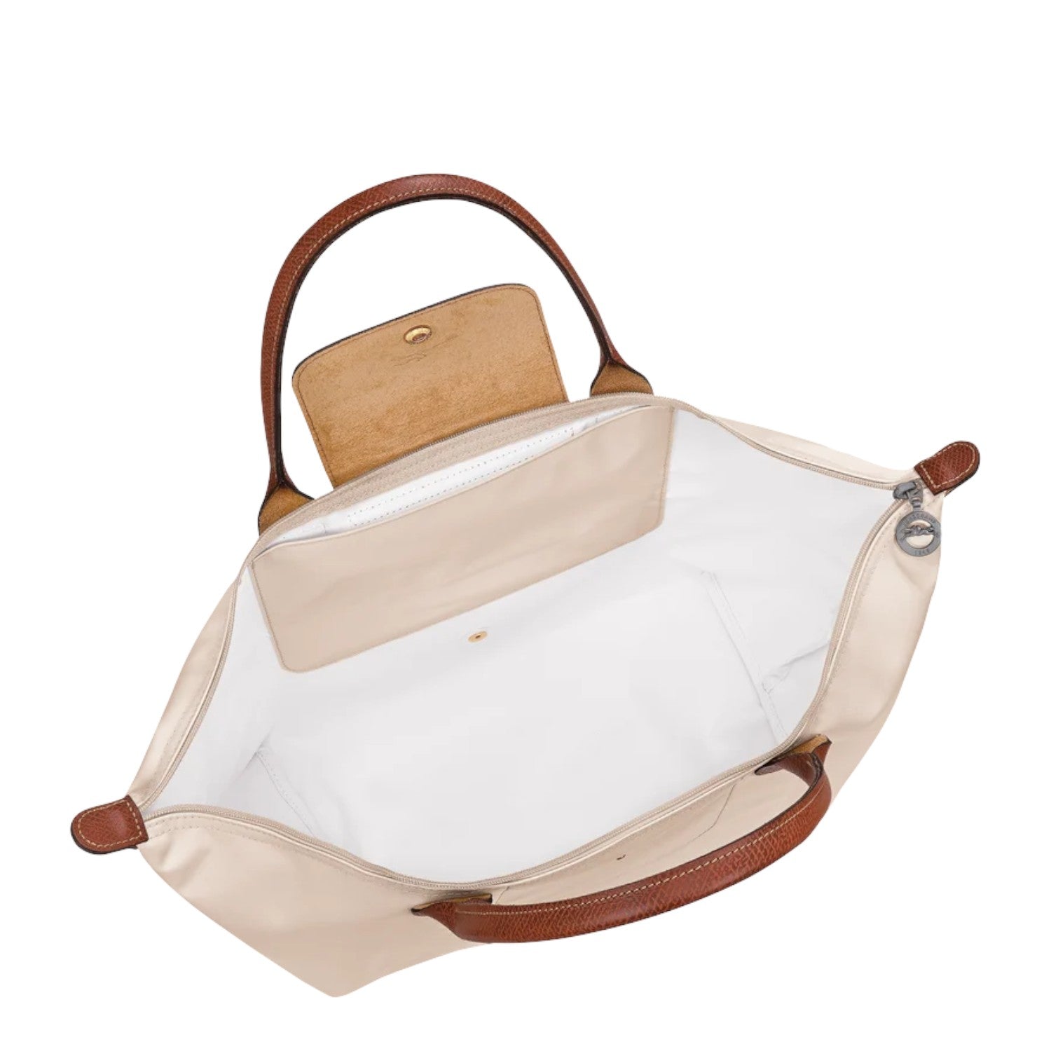Lieblingstasche Le Pliage L handbag in cream nylon with brown leather trim and handles. Open top with zip closure.
