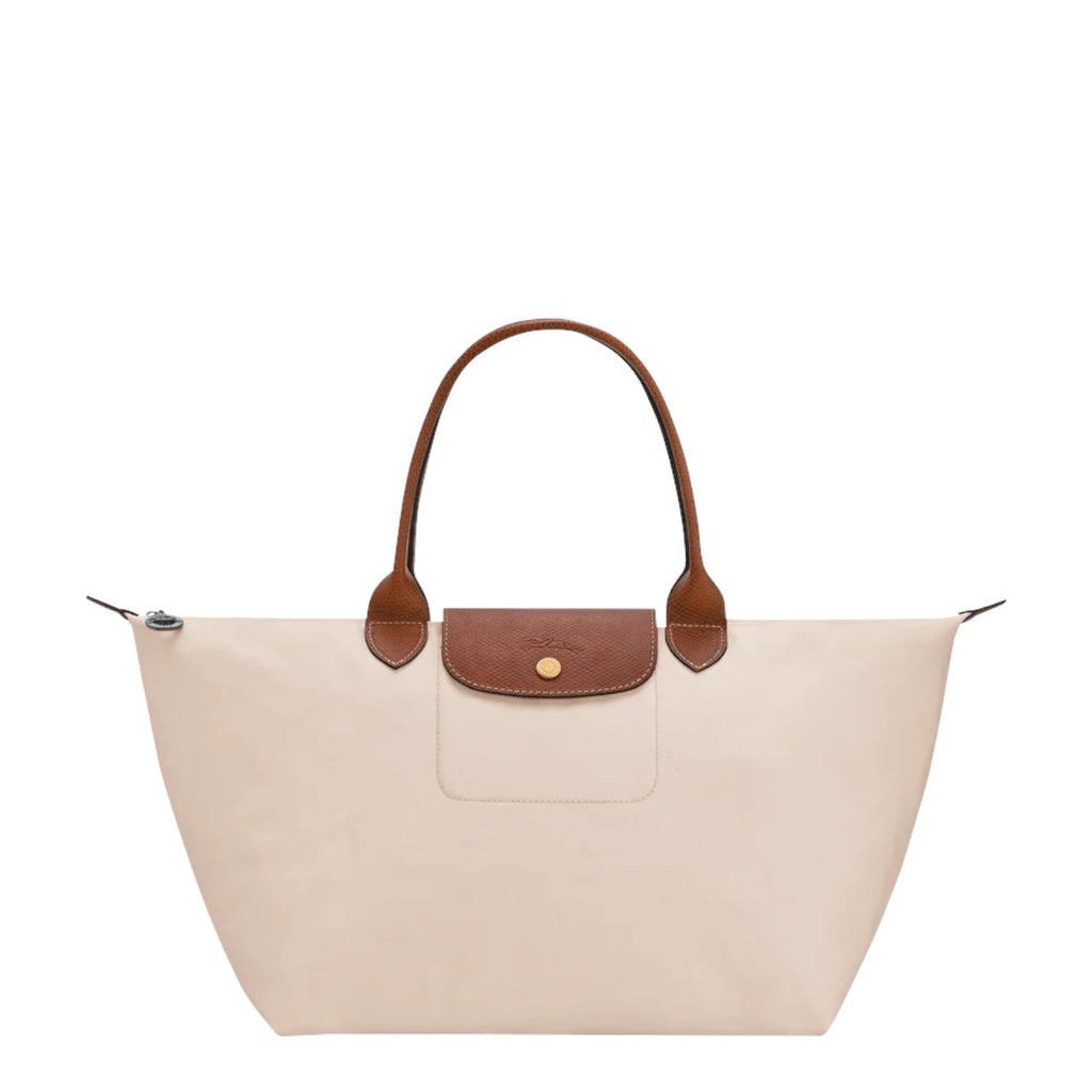 Lieblingstasche Le Pliage L cream nylon handbag with brown leather trim and handles.