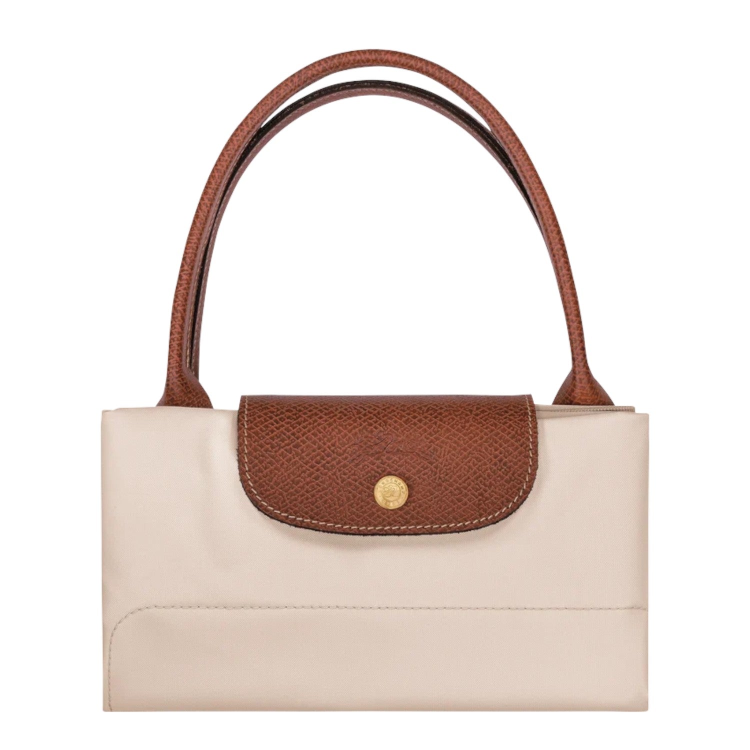Lieblingstasche Le Pliage L handbag in cream canvas with brown leather trim and handles.