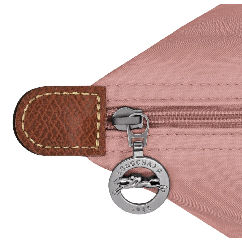Lieblingstasche Le Pliage L handbag in dusty rose nylon with leather trim and signature horse logo zipper pull.