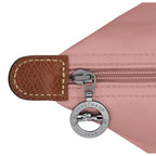 Lieblingstasche Le Pliage L handbag in dusty rose nylon with leather trim and signature horse logo zipper pull.