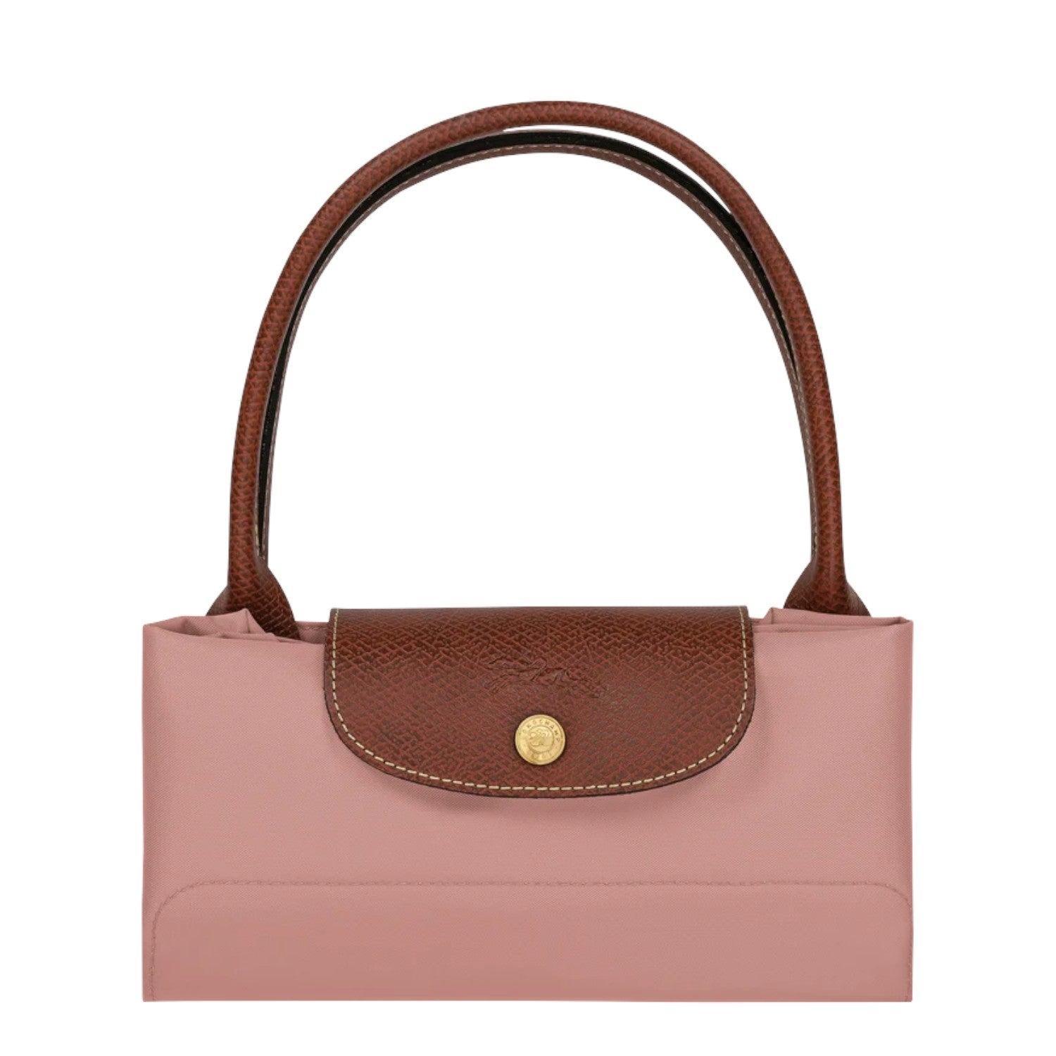 Lieblingstasche Le Pliage L handbag in pink nylon with brown leather trim and handles. Features a snap closure.