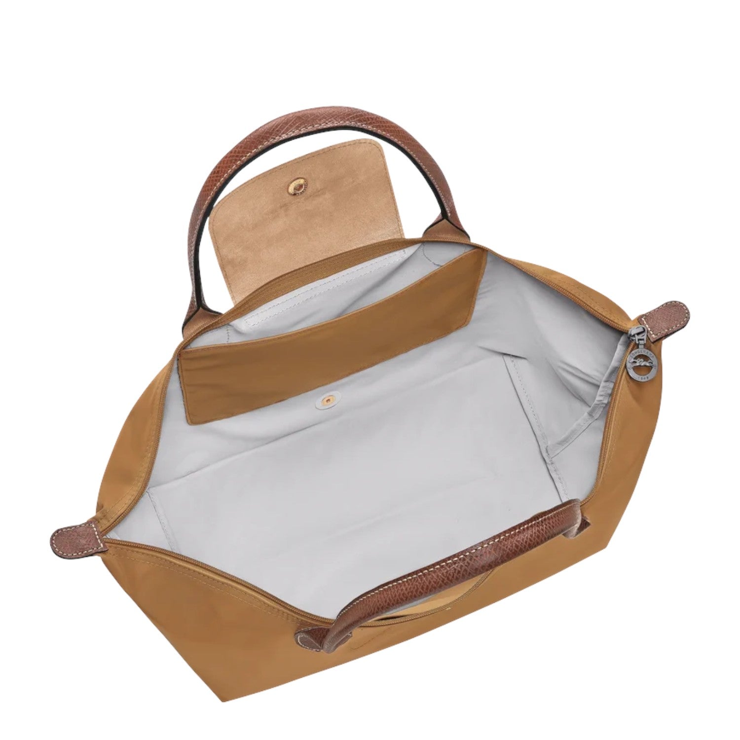 Lieblingstasche Le Pliage L handbag in tan nylon with brown leather trim and handles.