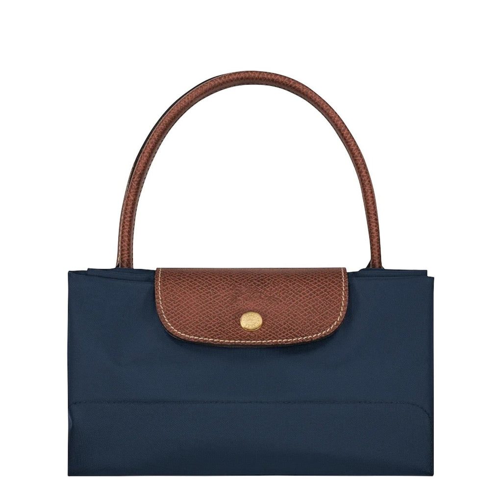 Lieblingstasche Le Pliage L navy blue nylon handbag with brown leather trim and handles.