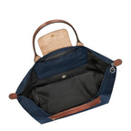 Lieblingstasche Le Pliage L navy nylon tote bag with tan leather trim and handles, interior pockets.
