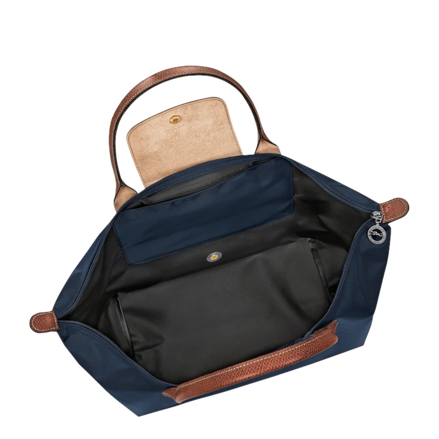 Lieblingstasche Le Pliage L navy nylon tote bag with tan leather trim and handles, interior pockets.