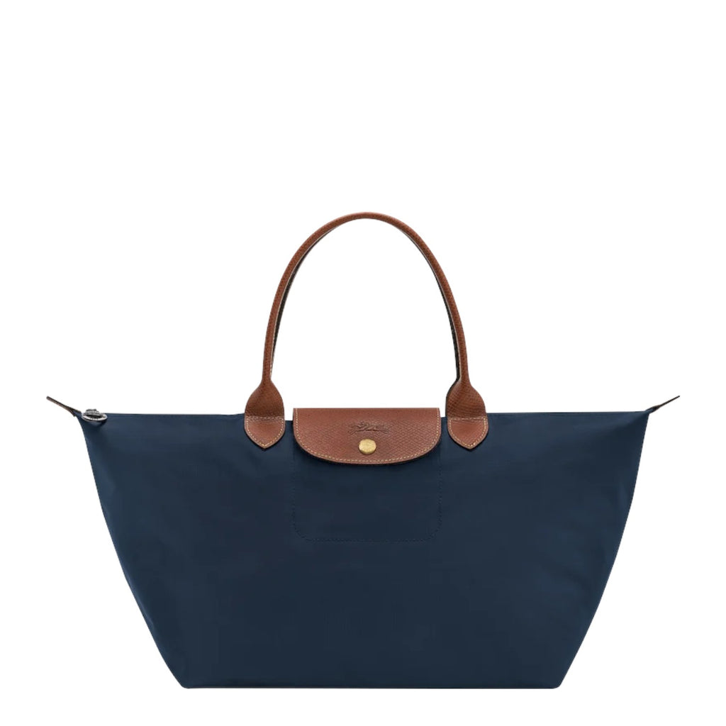 Lieblingstasche Le Pliage L navy nylon tote bag with brown leather trim and handles.